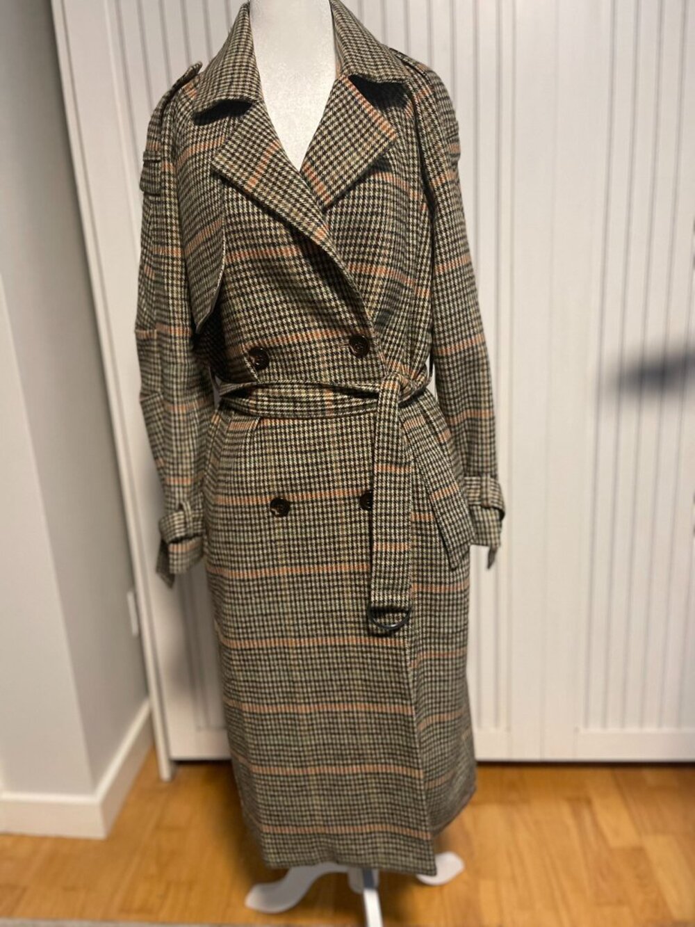 MAKMAKS Korean Plaid Belted Trench Coat Long Double Breasted Coat
